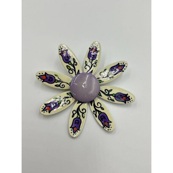 Handpainted Daisy Flower Pin Brooch with Purple Center Made in W. Germany - Picture 4 of 6